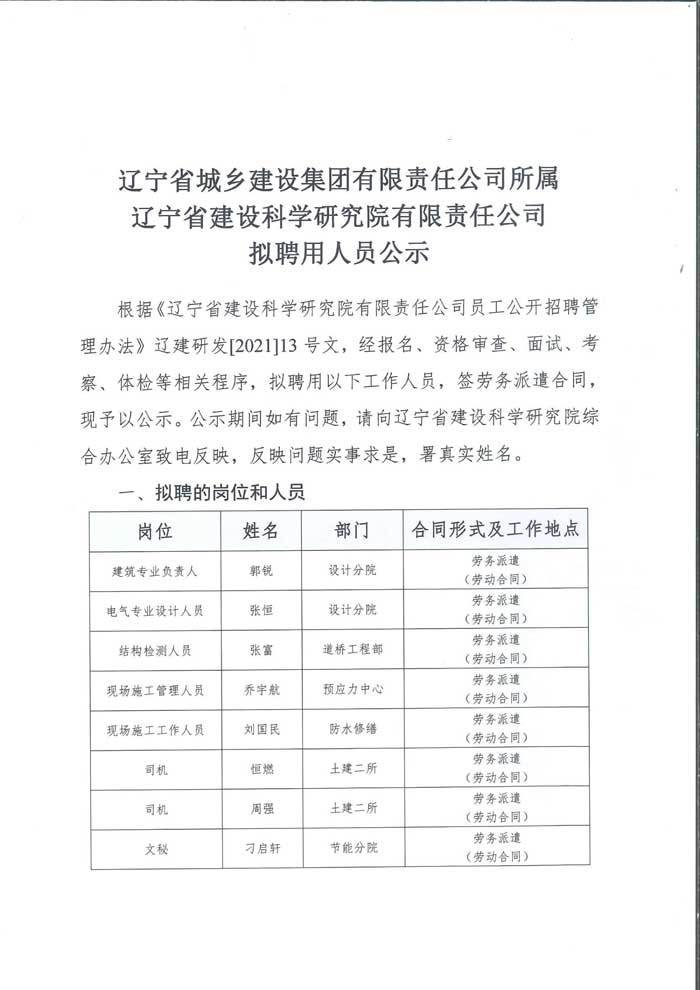辽宁省建设科学研究院有限责任公司拟招聘人员公示(图1)